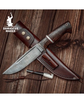 Custom Made Damascus Bushcraft Knife with Walnut Wood Handle