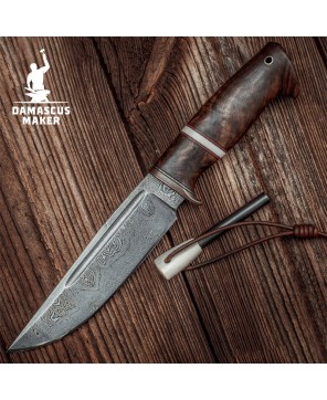 Custom Made Damascus Bushcraft Knife with Walnut Wood Handle