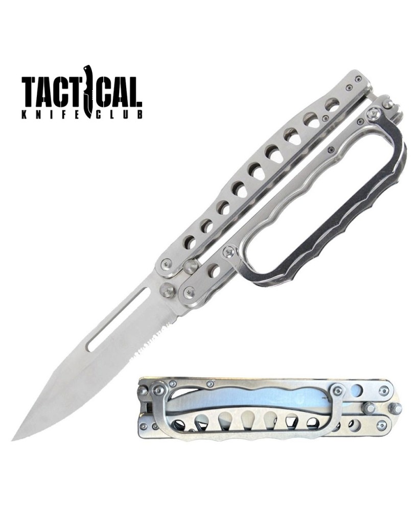 Silver Folding Knuckle Butterfly Knife 11" Tactical Combat