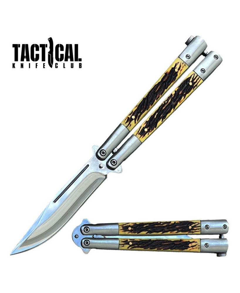 Creature Comfort Butterfly Knife – Clip Point Blade with Faux Stag