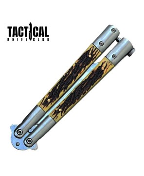 Creature Comfort Butterfly Knife – Clip Point Blade with Faux Stag