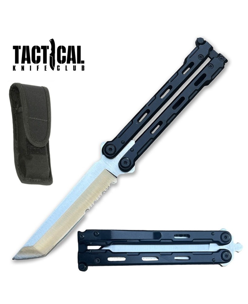 Tanto Serrated Balisong Butterfly Knife with Black Handle