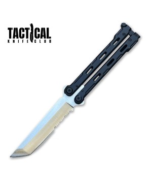 Tanto Serrated Balisong Butterfly Knife with Black Handle