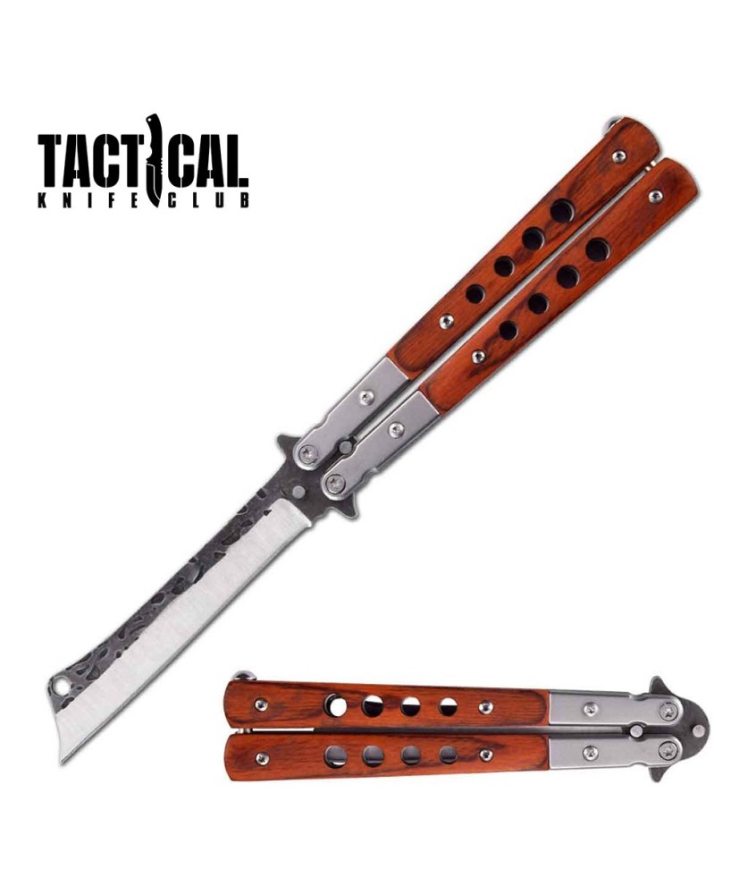 Cleaver Blade Butterfly Knife – Brown Wood Handle, 9" Balisong