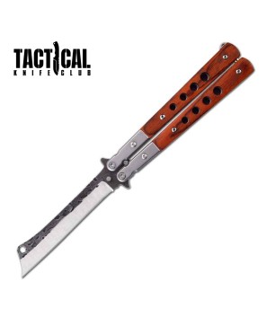 Cleaver Blade Butterfly Knife – Brown Wood Handle, 9" Balisong