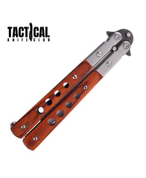 Cleaver Blade Butterfly Knife – Brown Wood Handle, 9" Balisong