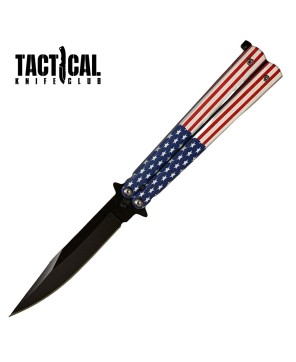 Black Stainless Steel Butterfly Knife with American Flag Handle