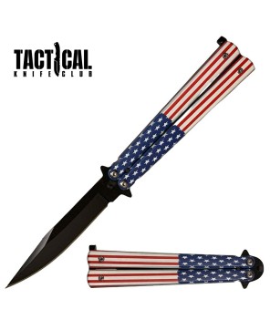 Black Stainless Steel Butterfly Knife with American Flag Handle