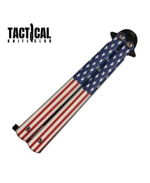 Black Stainless Steel Butterfly Knife with American Flag Handle