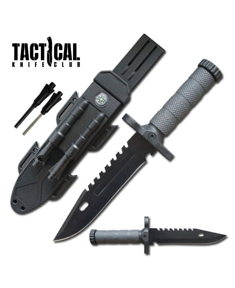 Tactical Bowie Knife with Fire Starter & Sharpening Rod for Survival