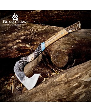 Handmade Forged Axe with Ram Horn Handle & Leather Sheath