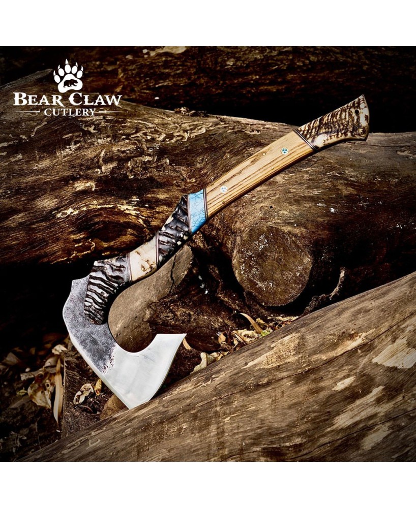 Handmade Forged Axe with Ram Horn Handle & Leather Sheath