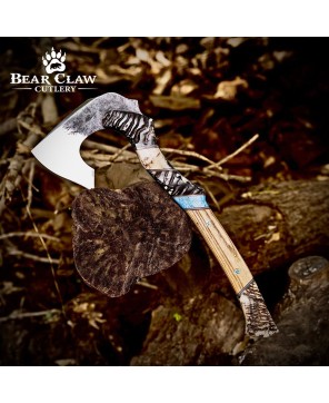 Handmade Forged Axe with Ram Horn Handle & Leather Sheath