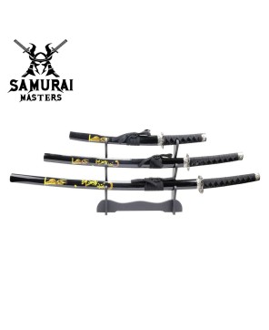 3-Piece Black Samurai Sword Set – Carbon Steel Blades with Stand