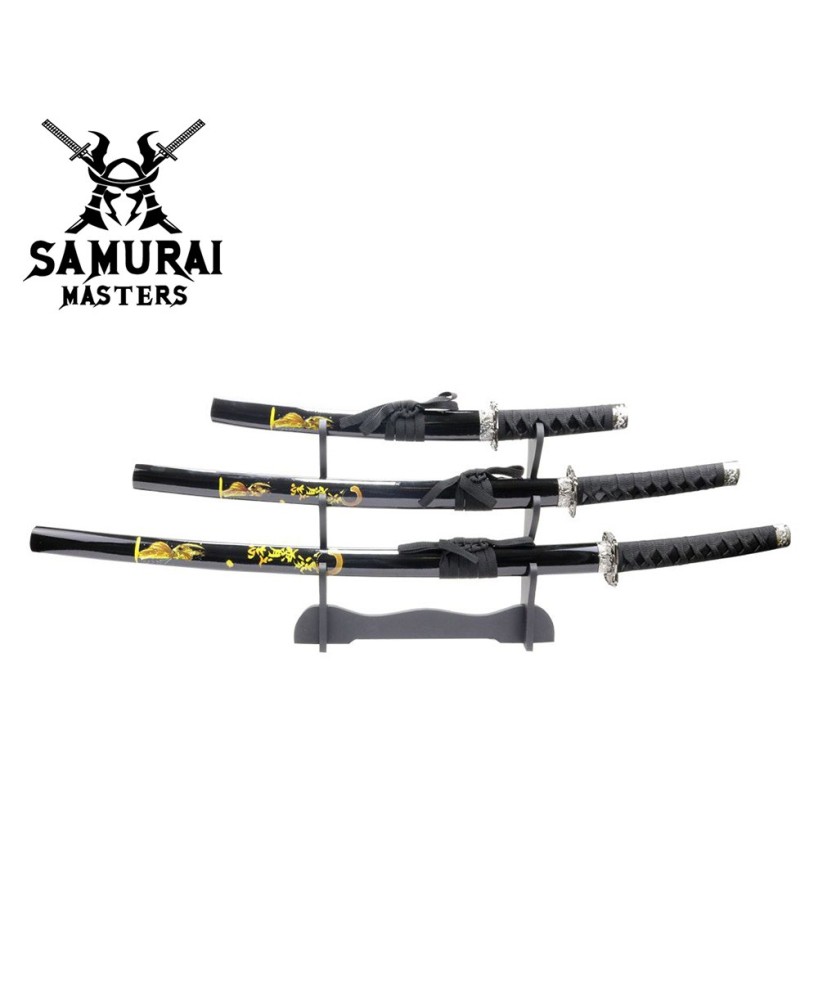 3-Piece Black Samurai Sword Set – Carbon Steel Blades with Stand