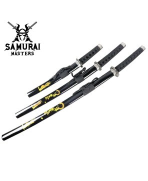 3-Piece Black Samurai Sword Set – Carbon Steel Blades with Stand