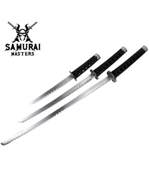 3-Piece Black Samurai Sword Set – Carbon Steel Blades with Stand