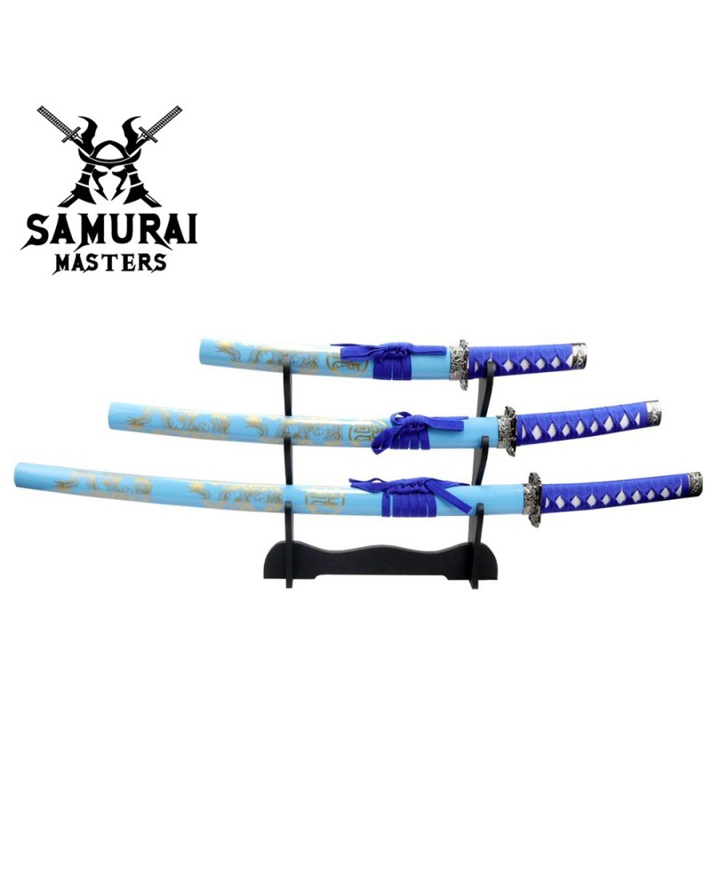 3-Piece Light Blue Dragon Samurai Sword Set with Stand