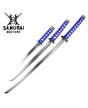 3-Piece Light Blue Dragon Samurai Sword Set with Stand