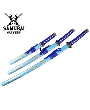 3-Piece Light Blue Dragon Samurai Sword Set with Stand