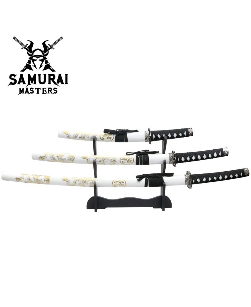 3-Piece White Dragon Samurai Sword Set with Stand