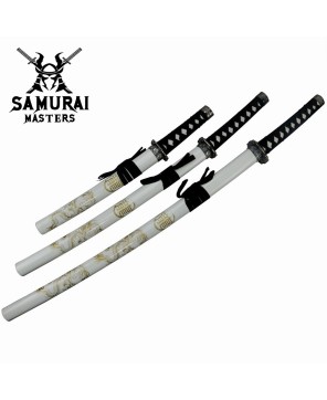 3-Piece White Dragon Samurai Sword Set with Stand