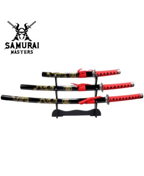 3-Piece Black and Red Samurai Sword Set with Stand