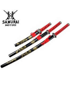 3-Piece Black and Red Samurai Sword Set with Stand