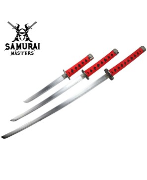 3-Piece Black and Red Samurai Sword Set with Stand