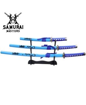 3-Piece Light Blue Samurai Sword Set with Stand