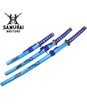 3-Piece Light Blue Samurai Sword Set with Stand