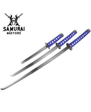 3-Piece Light Blue Samurai Sword Set with Stand