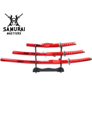 3-Piece Red Samurai Katana Sword Set with Stand