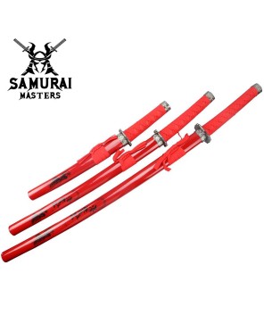 3-Piece Red Samurai Katana Sword Set with Stand