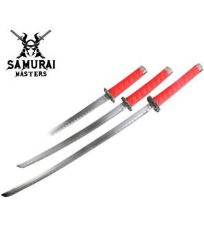 3-Piece Red Samurai Katana Sword Set with Stand