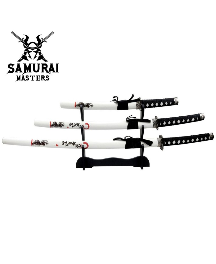 3-Piece White Dragon Samurai Katana Sword Set with Stand