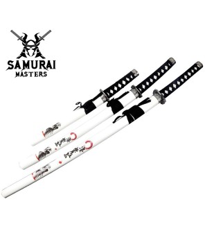 3-Piece White Dragon Samurai Katana Sword Set with Stand