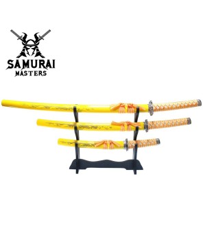 3-Piece Yellow Dragon Samurai Katana Sword Set with Stand