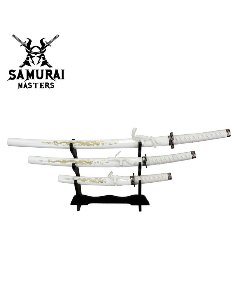 3-Piece White Dragon Samurai Katana Sword Set with Stand