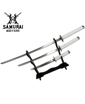 3-Piece White Dragon Samurai Katana Sword Set with Stand