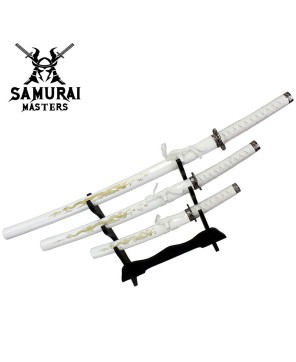 3-Piece White Dragon Samurai Katana Sword Set with Stand