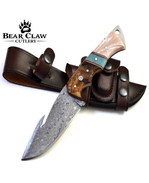 Voyager Damascus Gut Hook Knife with Exotic Handle & Sheath