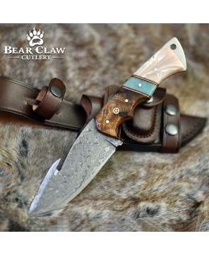 Voyager Damascus Gut Hook Knife with Exotic Handle & Sheath