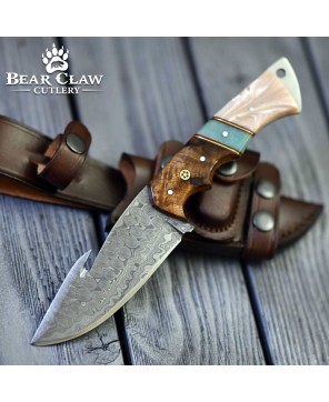 Voyager Damascus Gut Hook Knife with Exotic Handle & Sheath