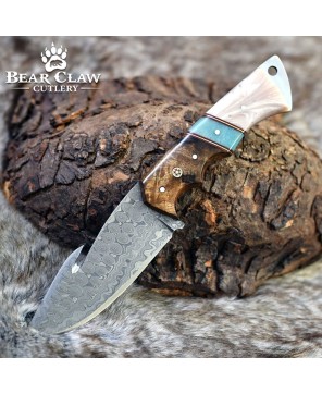 Voyager Damascus Gut Hook Knife with Exotic Handle & Sheath