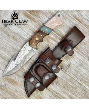 Voyager Damascus Gut Hook Knife with Exotic Handle & Sheath