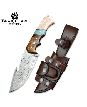 Voyager Damascus Gut Hook Knife with Exotic Handle & Sheath