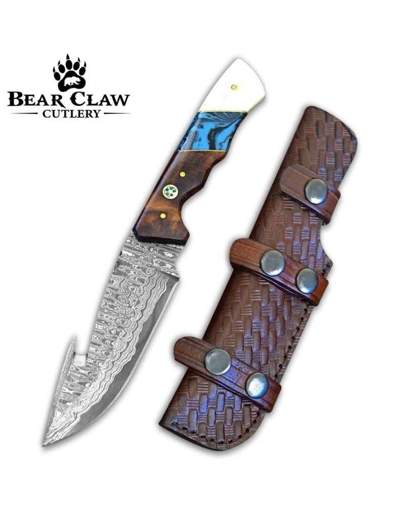 Hand-Forged Damascus Gut Hook Knife with Rosewood Handle