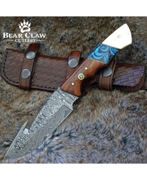 Hand-Forged Damascus Gut Hook Knife with Rosewood Handle