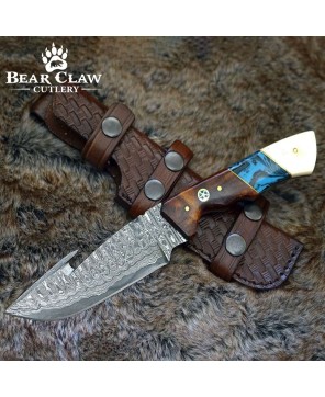 Hand-Forged Damascus Gut Hook Knife with Rosewood Handle